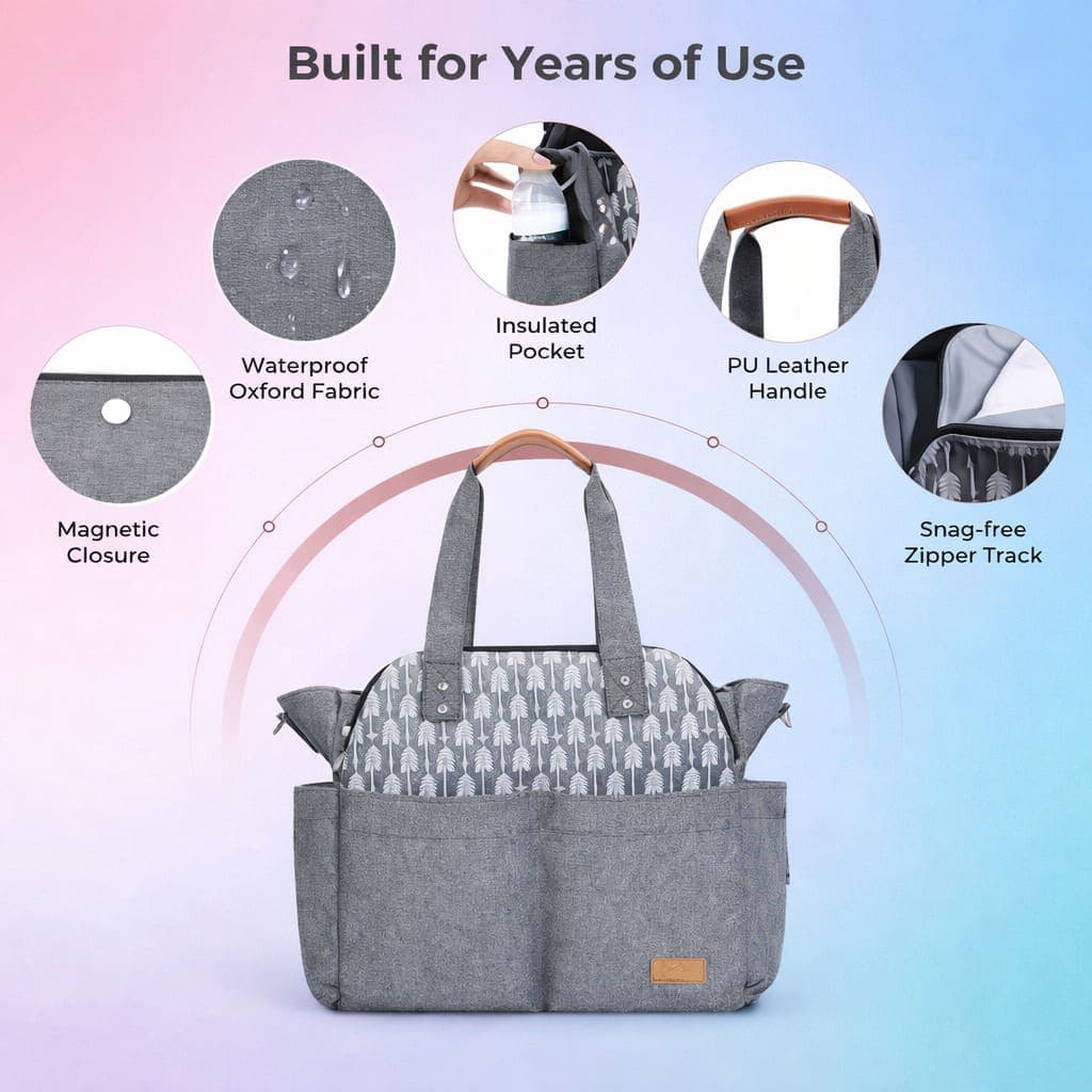 Lekebaby large diaper bag tote featuring a grey geometric arrow pattern and convenient exterior front pockets